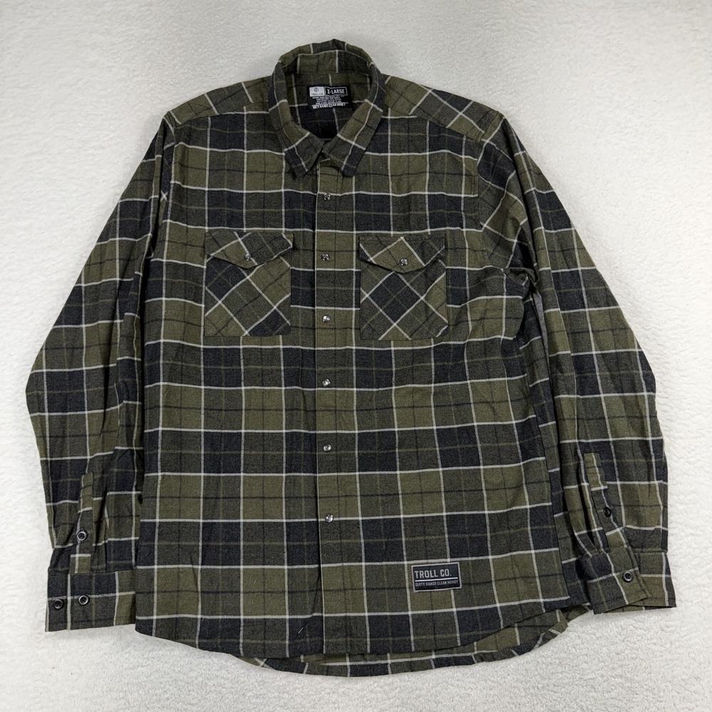 Troll Co Dirty Hands Clean Money Flannel Shirt Mens XL Green Black Plaid